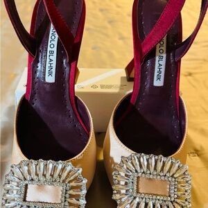 Manolo Blahnik Blush Satin Slingback Heels with Crystal Embellished Buckle